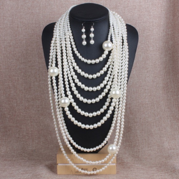 Jewelry - Stunning 9 Row Pearl Necklace and Earrings Set